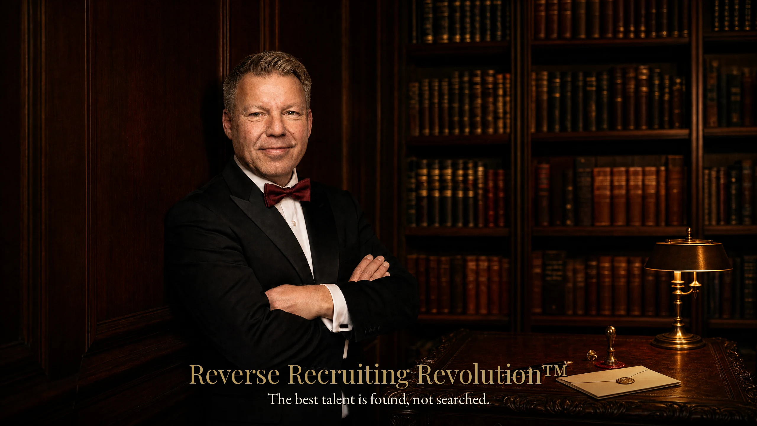 René Winkler, Gründer der Reverse Recruiting Revolution™, in privater Bibliothek, schwarzer Smoking, bordeauxrote Fliege, verschränkte Arme, warmes Amber-Licht
